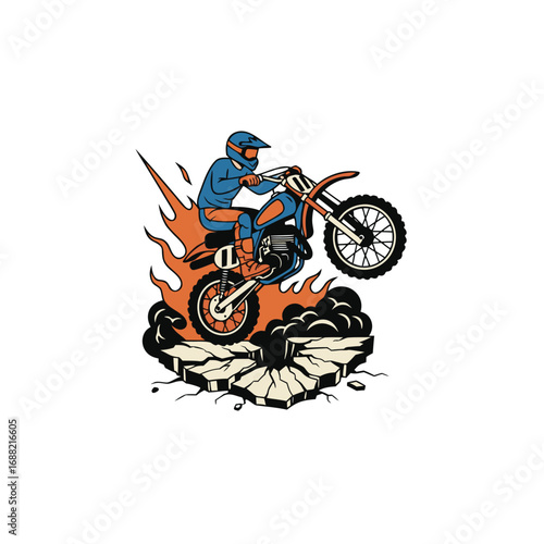 Motocross rider performing a stunt over fiery terrain.
