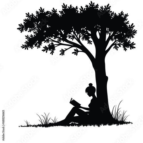 Silhouette of woman reading book under tree girl