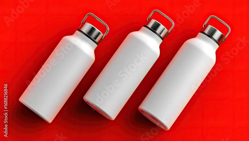 Wallpaper Mural Three white reusable water bottles on a red background Torontodigital.ca