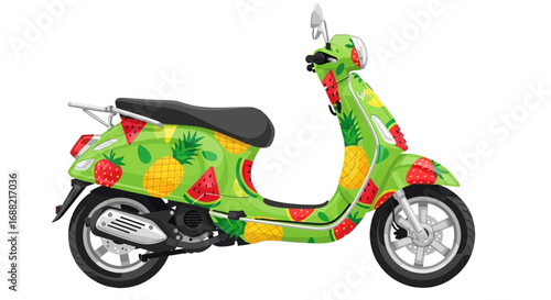 Whimsical green scooter adorned with fruity illustrations perfect for summer