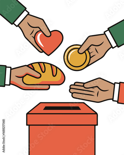 Diverse hands offer generosity through giving food money and heart symbols to charity box