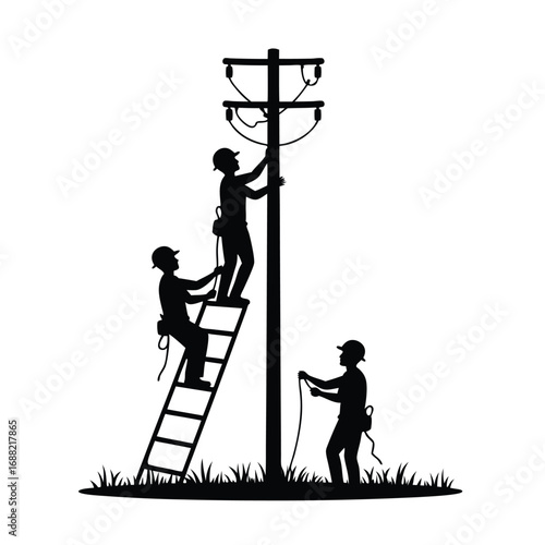 Three workers in silhouette installing power lines on a pole