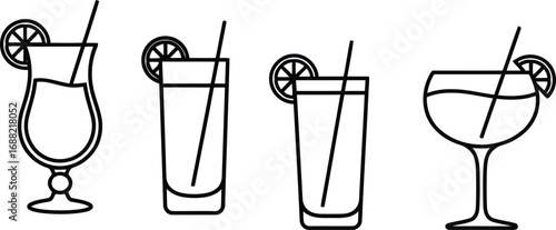 Diverse cocktail glass set refreshing drinks with citrus slices and straws simple line art vector