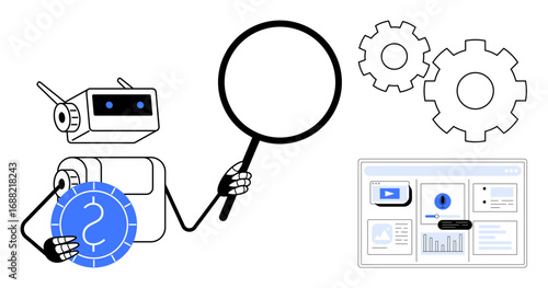 Robot with magnifying glass inspecting digital interface, gears, and currency token. Ideal for AI, automation, data analysis, future technology, finance problem-solving system optimization. Simple