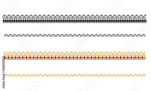 Ornamental decorative border patterns collection. Set of horizontal ornamental border designs in black, gray, gold, and multicolor, perfect for frames, invitations, or decorative projects.



