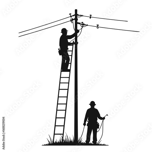 Two linemen working on power lines one on ladder lineman