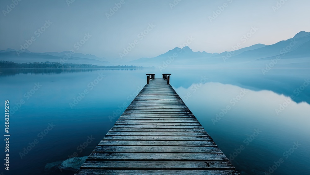 Obraz premium Tranquil lake dock at dawn