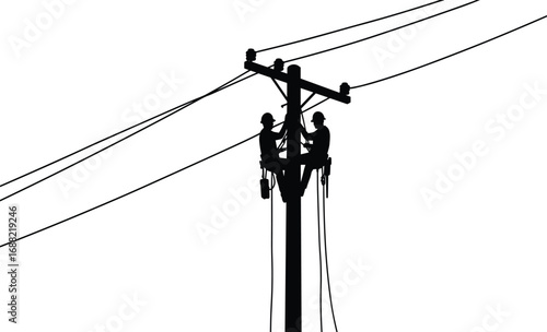 Electrical linemen working on power pole maintenance, electricity repair workers on high voltage wires, safety helmet gear, CAD drawing flat vector illustration