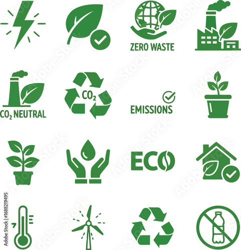 Sustainable eco friendly icons set for green energy environmental protection and renewable resources vector
