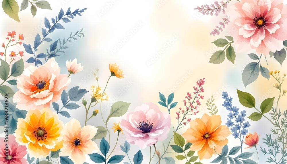 Fototapeta premium Watercolor floral pattern of hand-painted wildflowers and sprawling leaves,created for wallpaper and fabric, illuminated with diffused, even