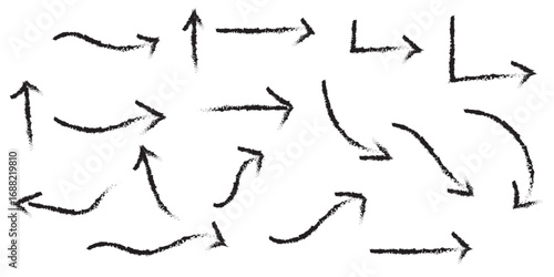 Hand-drawn thin line arrows set. Arrow icon. Doodle arrow. Collection of different arrow signs. Many vector curvy and wavy arrows. White hand-drawn doodle arrow set.