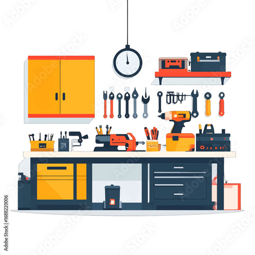 Workshop Interior with Tools on Workbench with Drill Pliers And Clock in White Background Flat Cartoon Illustration With Pixel Art Style