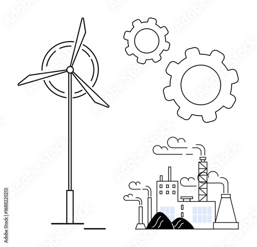Wind turbine generating clean energy, large factory emitting fumes, mechanical gears symbolizing sustainability, development, and efficiency. Ideal for energy, industry, environment, technology