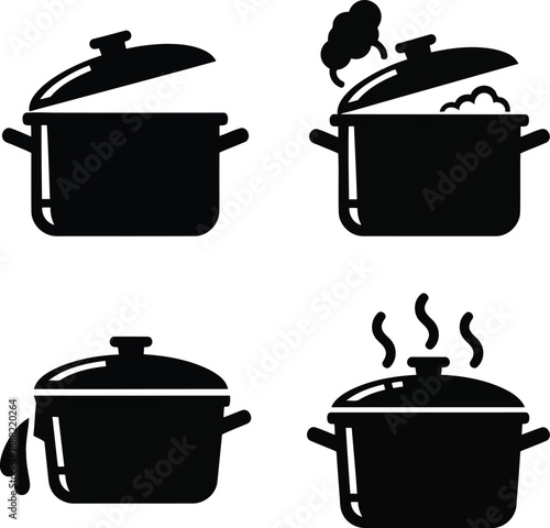 Cooking pot icons set steam boiling overflow dripping food preparation kitchenware symbols vector