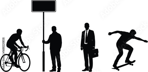 Set of 4 urban lifestyle silhouettes showing cycling, skateboarding, commuting, and signage, black and white vector illustration for design use
