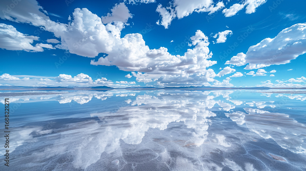 Fototapeta premium Vast salt flat reflecting clouds, surreal symmetry.