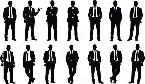 Set of 15 business men silhouettes in formal suits, standing poses with varied gestures and posture, black and white vector illustration