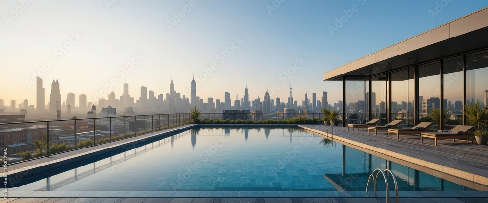 Naklejka premium A Contemporary Rooftop Pool in an Urban Oasis, Featuring Steel and Glass Architecture and a Stunning City Skyline View.