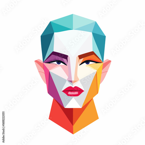 Geometric WPAP Portrait Illustration of a Woman's Face with Vibrant Polygons and Contrasting Colors
