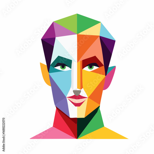 Colorful Abstract Cubist Polygon WPAP Style Portrait of a Man, Vibrant Geometric Face
