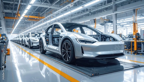 A modern electric vehicle moves along an automated assembly line within a spacious, well-lit factory.