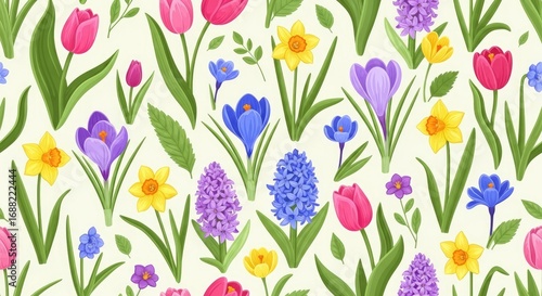 Vibrant Seamless Spring Flower Pattern with Tulips, Daffodils, Crocuses, and Hyacinths on a Light Cream Background, Perfect for Textile, Wallpaper, and Decorative Designs