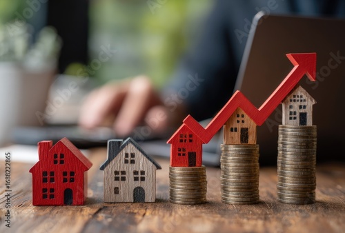 Miniature houses on stacks of coins, rising red arrow