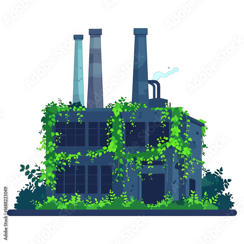 Abandoned Blue Factory Building with Gray Chimneys and Overgrown Green Vines Illustration on White Background