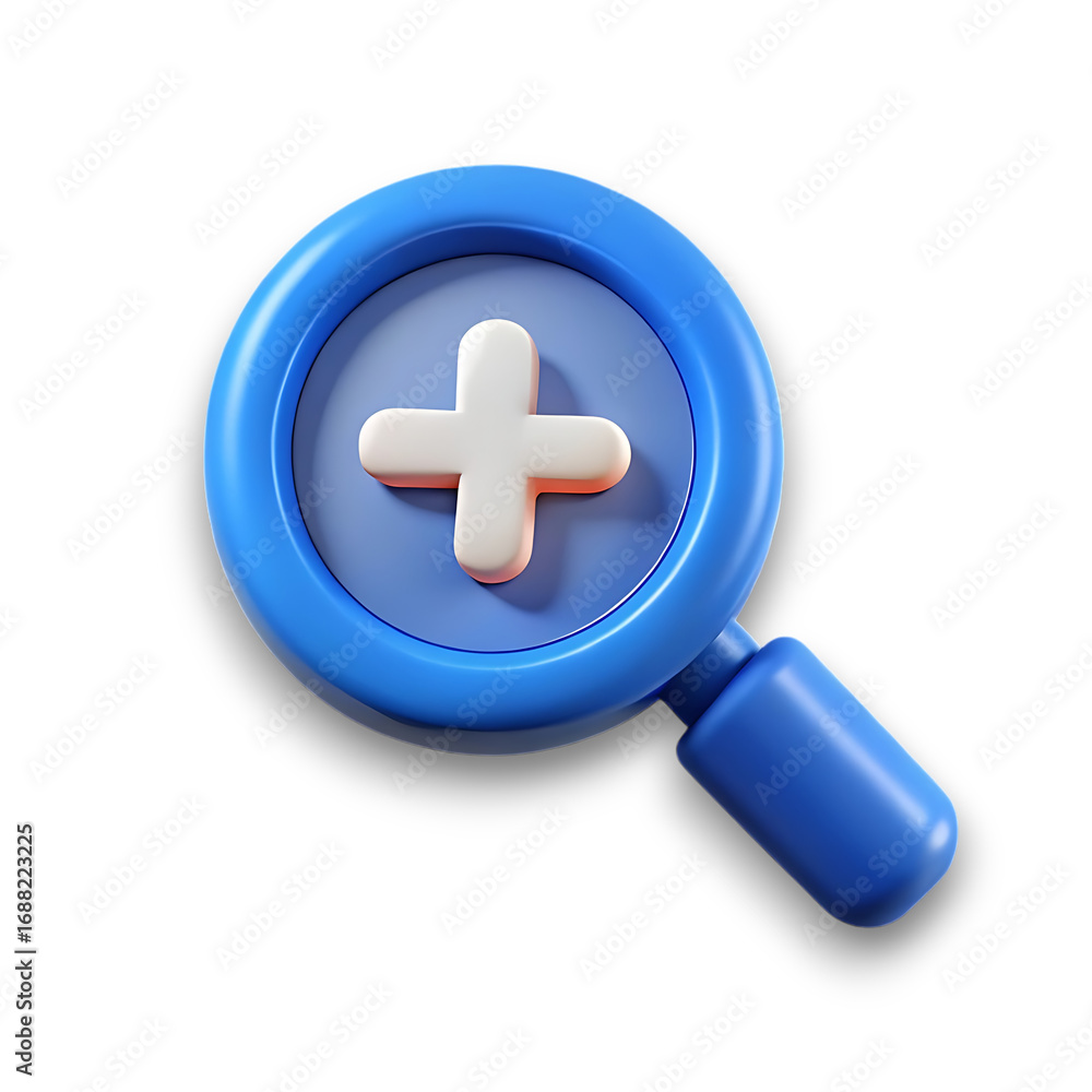 Obraz premium 3d icon of blue magnifying glass with a plus sign isolated on white background 3d rendering