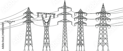 High voltage transmission tower, electricity power line structure, utility pole network, energy distribution system, cad drawing flat vector illustration