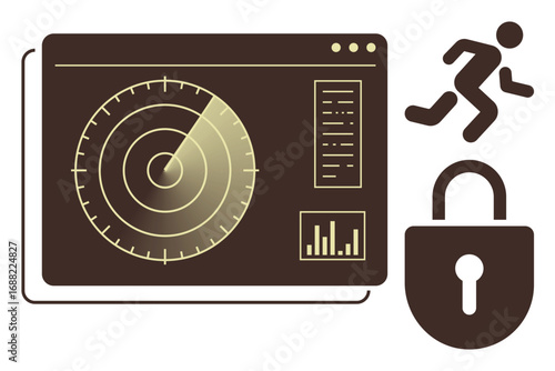 Radar interface with scanning visual, human figure running symbol, lock element, and data panels. Ideal for cybersecurity, surveillance, data protection, breach detection, risk assessment