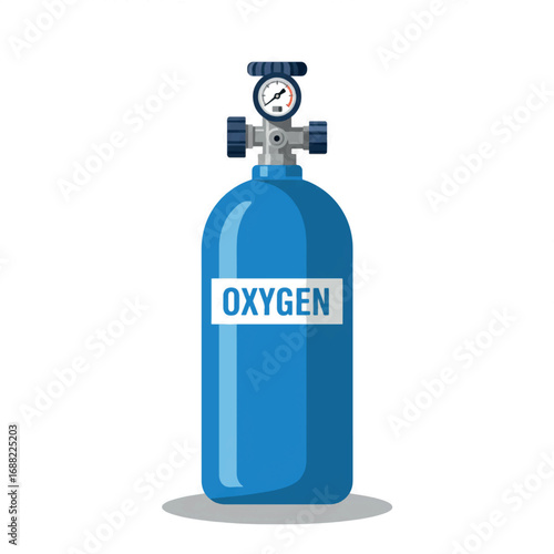 Blue medical oxygen gas cylinder with pressure gauge. Vector illustration of a compressed gas tank isolated on a white background