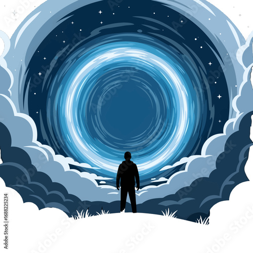 Silhouette Figure Gazing at Glowing Blue Pixelated Circular Portal on Cloudy Horizon