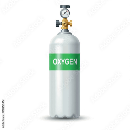Realistic 3D illustration of a metallic silver oxygen cylinder with a pressure gauge and valve, isolated on a white background