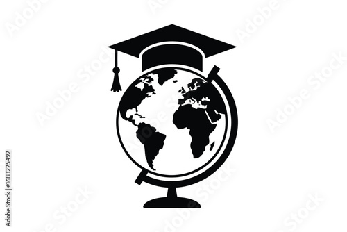 Silhouette of a graduation cap and globe symbolizing global education and learning