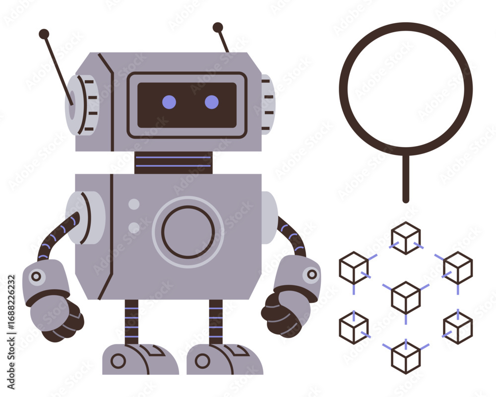 Fototapeta premium Robot analyzing data structure with magnifying glass and connected cubes. Ideal for AI, technology, robotics, data analysis, machine learning, innovation, research. Simple flat metaphor
