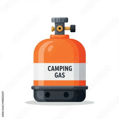 Orange portable camping gas cylinder tank for outdoor adventure. Flat design fuel canister vector illustration