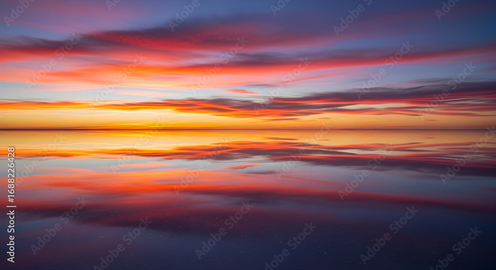 Obraz premium Dramatic Fiery Sunset Reflecting on Calm Water Surface in Colorful Sky