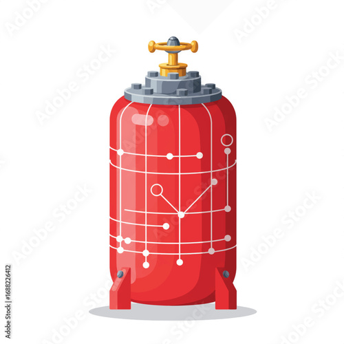 Modern red utility cylinder for storing natural gas or propane, featuring a high-tech circuit board design