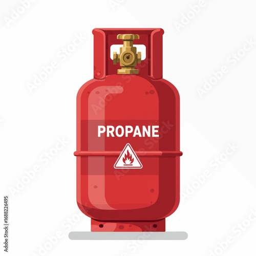 A red steel cylinder filled with flammable propane gas, a type of liquefied petroleum gas used for fuel and energy