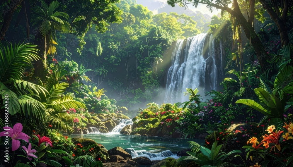 Fototapeta premium Lush tropical waterfall cascading over rocks into a tranquil pool surrounded by vibrant greenery and colorful blossoms.