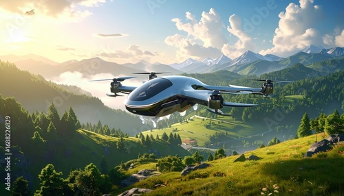 Wallpaper Mural A futuristic drone hovers gracefully above a picturesque valley nestled amidst towering mountains at sunrise. Torontodigital.ca