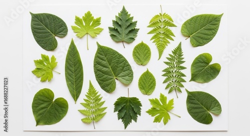 Botanical Collection of Diverse Green Leaves on White Background: Flat Lay Arrangement Showcasing Varied Shapes, Textures, and Foliage Patterns for Nature Study and Design