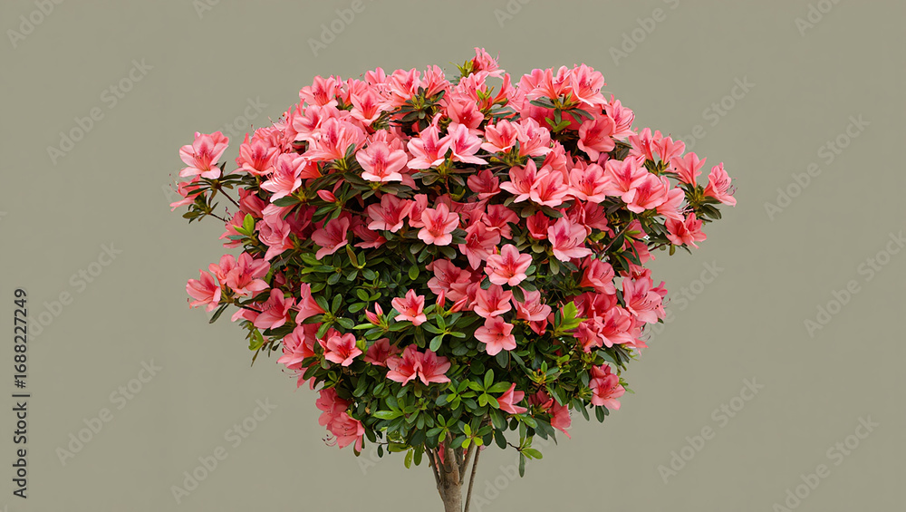 Fototapeta premium Dense Pink Azalea Bush with Green Foliage on Neutral Background pink flowers blooming