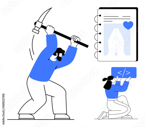 Person mining with a pickaxe, coder holding code interface and another person kneeling, near notepad. Ideal for teamwork, technology, technical challenges, coding systems, collaboration, resource