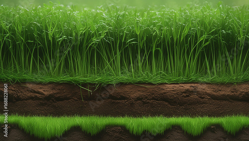 Detailed cross-section of green grass and soil layers with soft focus background lawn nature