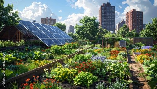 A rooftop garden with solar panels, vibrant flowers and vegetables, sits atop a building in an urban setting.
