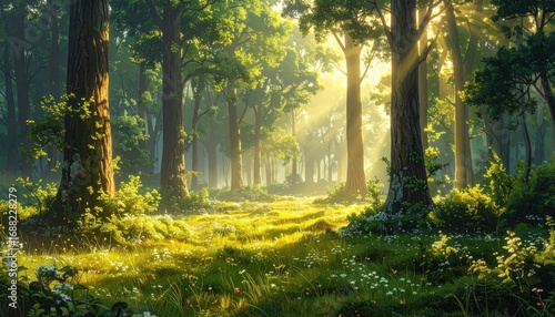 Sunbeams pierce a tranquil forest path, dappling the vibrant green foliage and meadow with golden light.