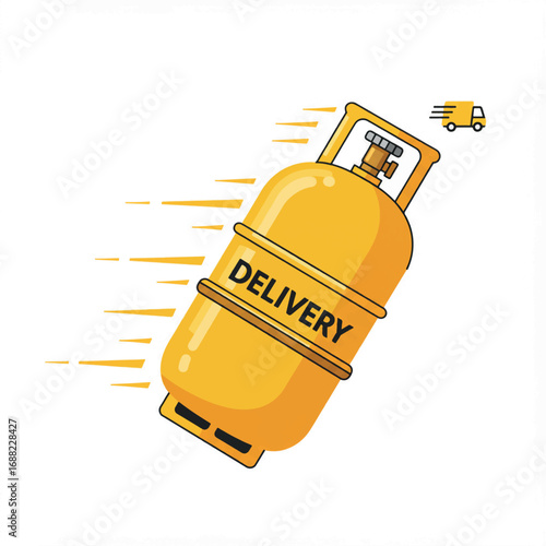 Fast gas delivery service concept with a yellow propane cylinder in motion, representing speedy home service with a truck icon