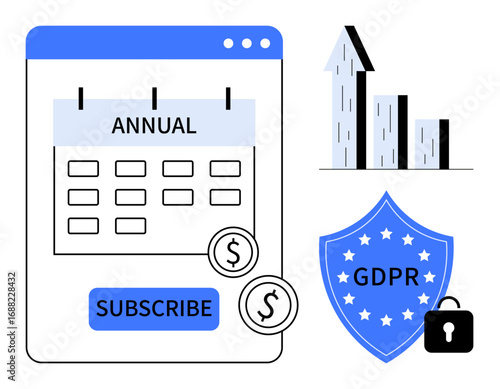 Calendar for annual subscription with Subscribe button, GDPR shield for data protection, upward-trending bar graph symbolizing progress. Ideal for finance, data security, subscriptions, business